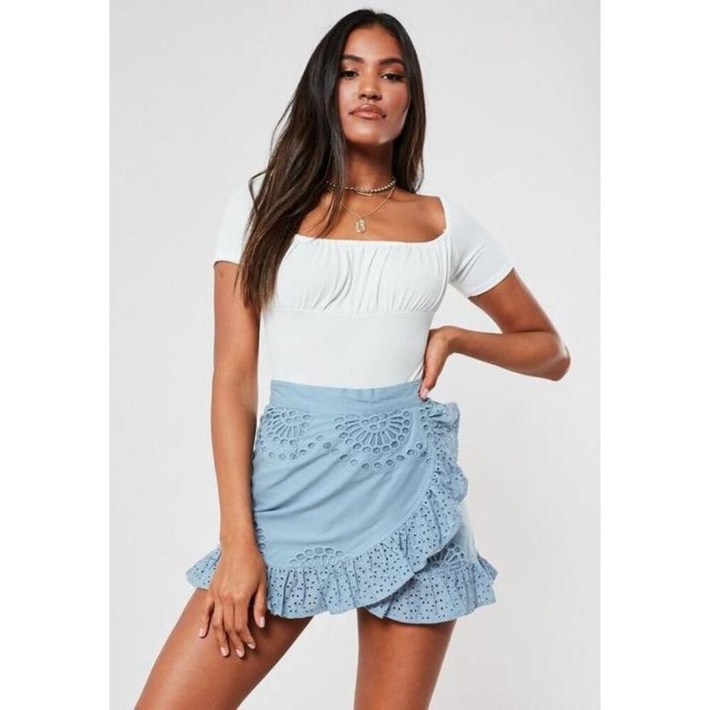 NWT Missguided Blue Broderie‎ Anglaise Frill Layer Mini Skirt,